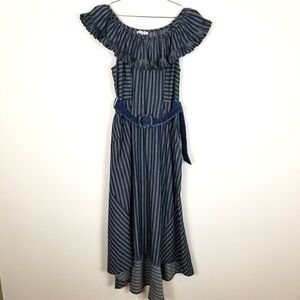 Farrow Striped Chambray belted asymmetrical off the shoulder ruffle dress